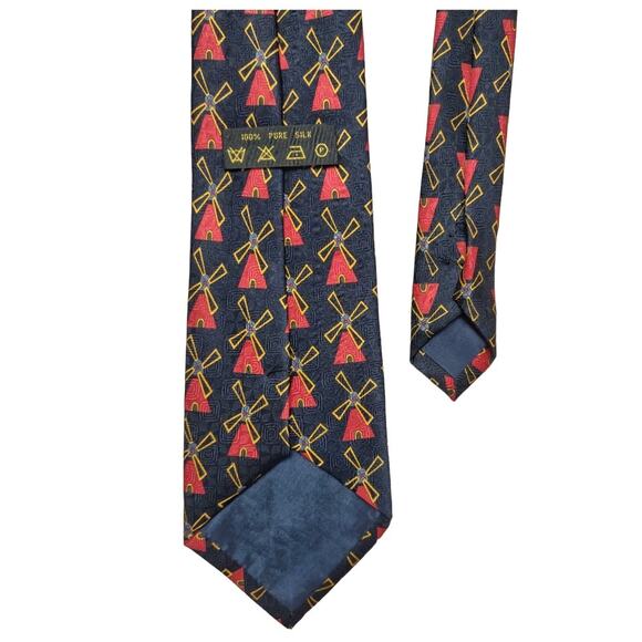 Mens 100% Silk Tie Black Red Gold Windmill Tie Professional Business Accessories - Picture 4 of 4